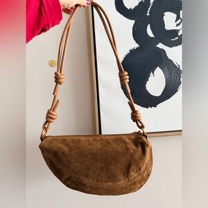 Brown Faux Suede Knot-Detail Shoulder Bag with Gold Hardware